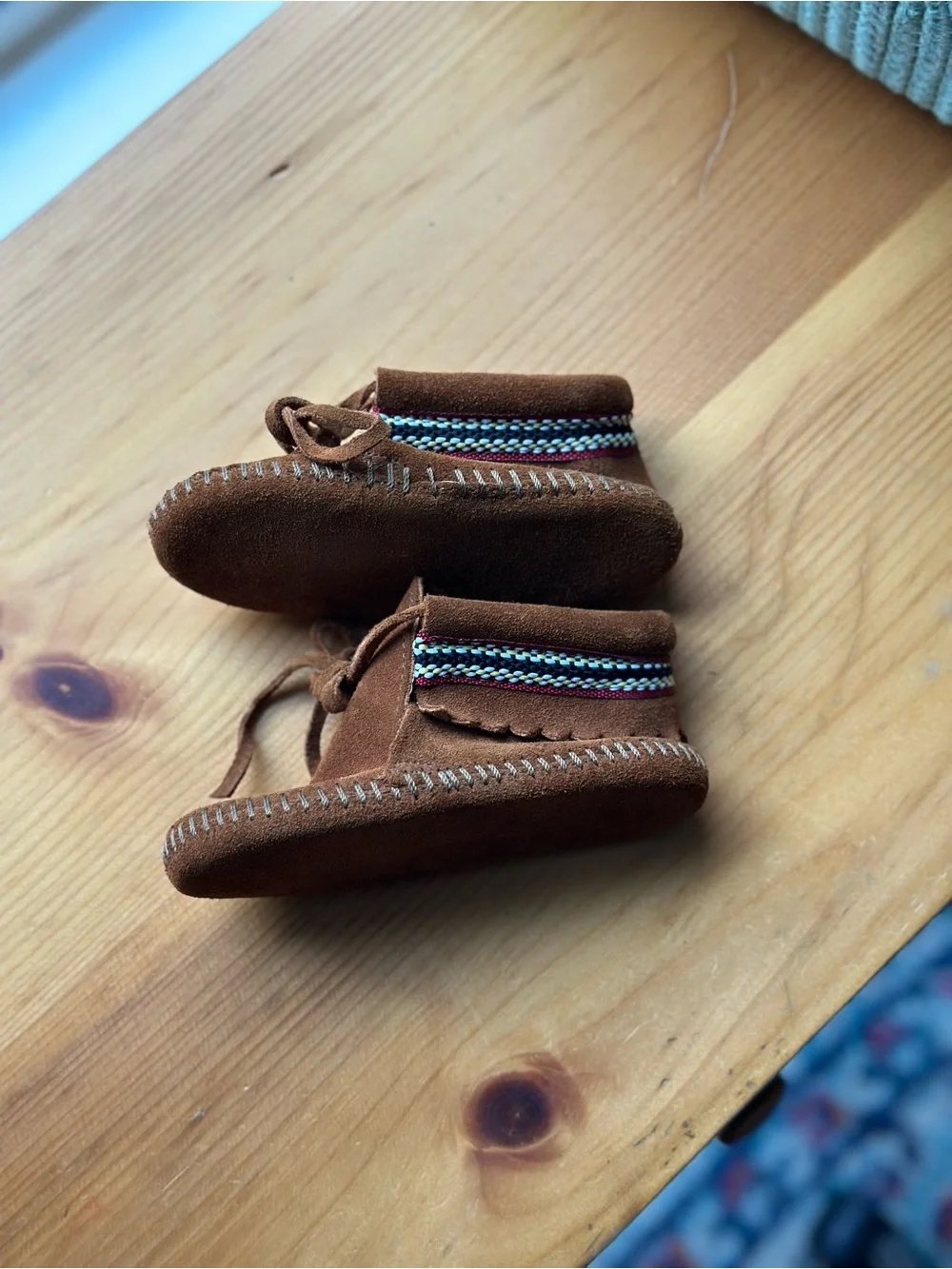 Minnetonka Brown Suede Kids Moccasins with Colorful Trim